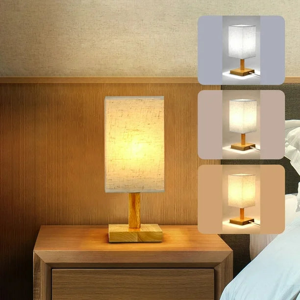 Table Lamp 3 Way Dimmable Nightstand Lamp with Round Flaxen Fabric Shade Solid Wood LED Bulb Lamp for Bedroom for Office Bedroom Dorm Bedside Lamps