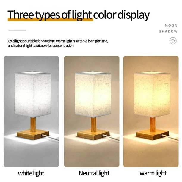 Table Lamp 3 Way Dimmable Nightstand Lamp with Round Flaxen Fabric Shade Solid Wood LED Bulb Lamp for Bedroom for Office Bedroom Dorm Bedside Lamps
