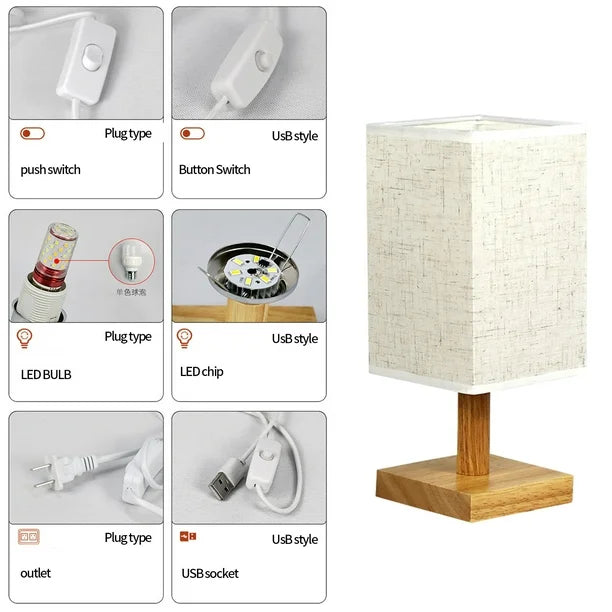 Table Lamp 3 Way Dimmable Nightstand Lamp with Round Flaxen Fabric Shade Solid Wood LED Bulb Lamp for Bedroom for Office Bedroom Dorm Bedside Lamps