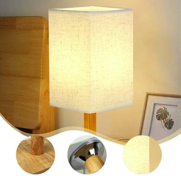Table Lamp 3 Way Dimmable Nightstand Lamp with Round Flaxen Fabric Shade Solid Wood LED Bulb Lamp for Bedroom for Office Bedroom Dorm Bedside Lamps