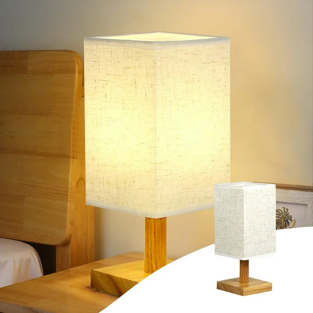 Table Lamp 3 Way Dimmable Nightstand Lamp with Round Flaxen Fabric Shade Solid Wood LED Bulb Lamp for Bedroom for Office Bedroom Dorm Bedside Lamps
