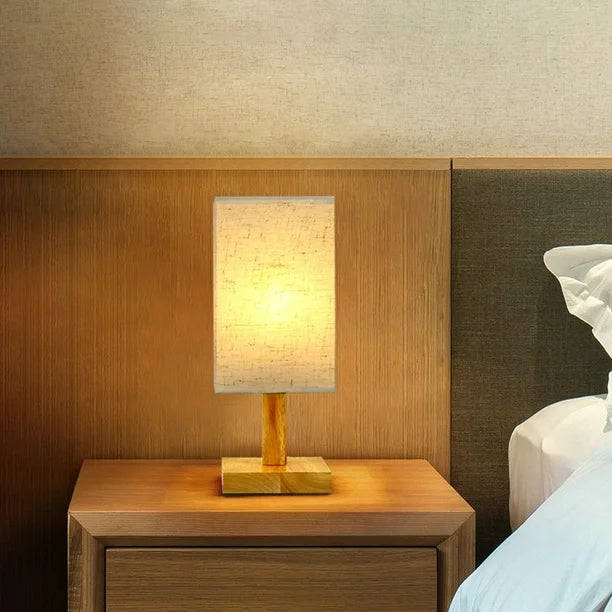 Table Lamp 3 Way Dimmable Nightstand Lamp with Round Flaxen Fabric Shade Solid Wood LED Bulb Lamp for Bedroom for Office Bedroom Dorm Bedside Lamps